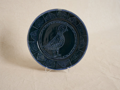 PAT SCHOENFELD BLUE PLATE WITH BIRD Ø13"