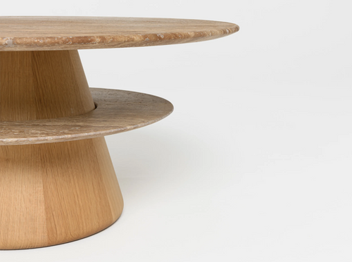 PIERRE AUGUSTIN ROSE PIETRA ROUND COFFEE TABLE / TRAVERTINE Ø34″ x H15.5″