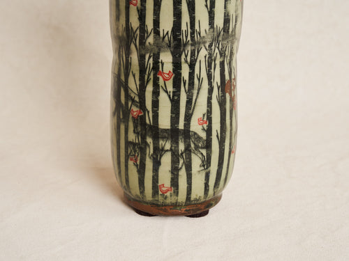 PAT SCHOENFELD VASE WITH VINES AND WOLF Ø4" x H11"