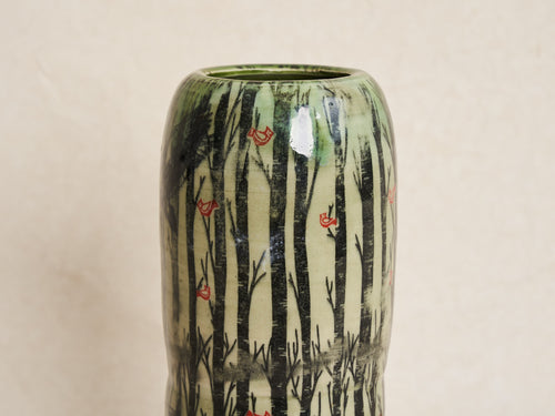 PAT SCHOENFELD VASE WITH VINES AND WOLF Ø4" x H11"