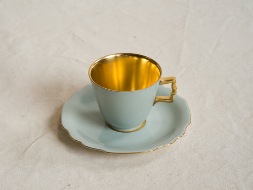 AUGARTEN BELVEDERE GOLD RIM COFFEE CUP + SAUCER / CELADON GREEN