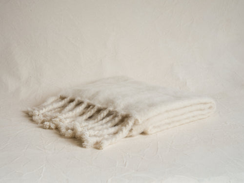 LENA REWELL *CUSTOM MOHAIR BLANKET WHITE 51” x 86" (PLUS 11" FRINGE)
