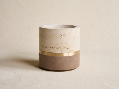 MICHAËL VERHEYDEN DURE POT / TRAVERTINE + SUEDE Ø9.8" x H9.8"